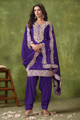 Designer Dark Purple pure silk Patiala Suits with deatiled embroidery work